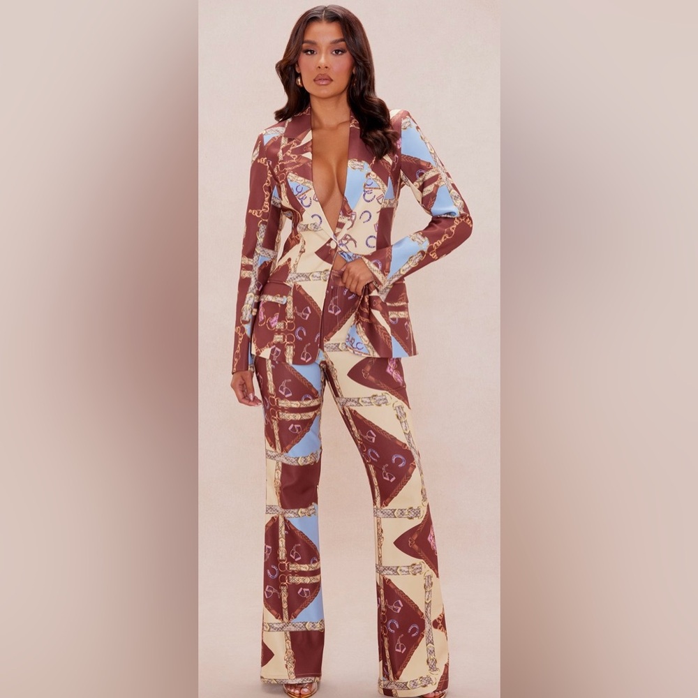 Fashion Nova Brown, Cream, and Blue Patterned Pantsuit